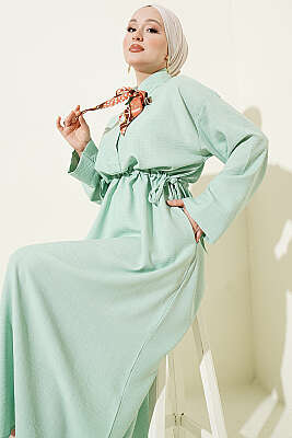 Beli Tünelli Bağlamalı Fularlı Elbise Çağla Yeşili - HATUN