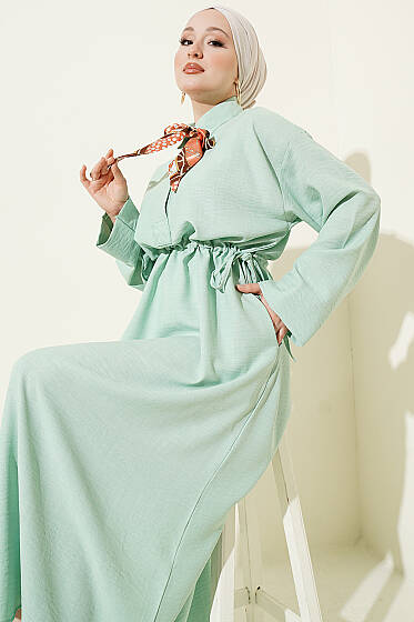 Beli Tünelli Bağlamalı Fularlı Elbise Çağla Yeşili - Elbise