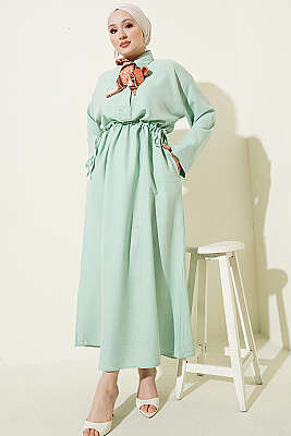 Beli Tünelli Bağlamalı Fularlı Elbise Çağla Yeşili - Elbise