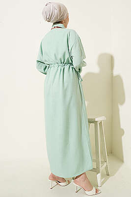 Beli Tünelli Bağlamalı Fularlı Elbise Çağla Yeşili - Elbise