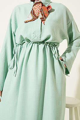 Beli Tünelli Bağlamalı Fularlı Elbise Çağla Yeşili - Elbise