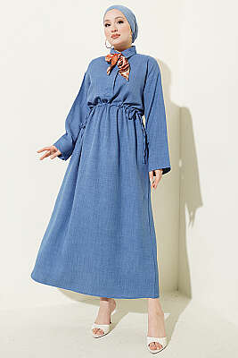 Beli Tünelli Bağlamalı Fularlı Elbise İndigo - HATUN