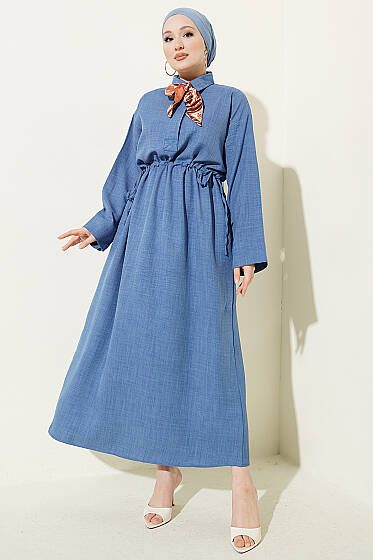 Beli Tünelli Bağlamalı Fularlı Elbise İndigo - Elbise