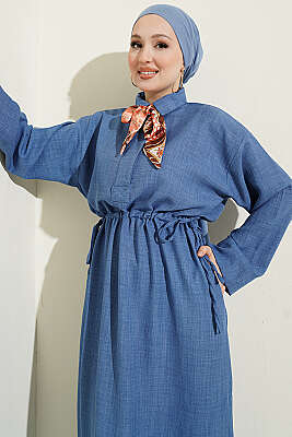 Beli Tünelli Bağlamalı Fularlı Elbise İndigo - Elbise