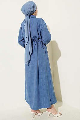 Beli Tünelli Bağlamalı Fularlı Elbise İndigo - Elbise