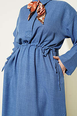 Beli Tünelli Bağlamalı Fularlı Elbise İndigo - Elbise