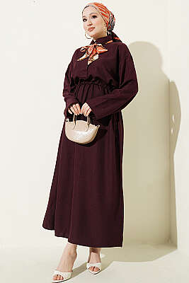 Beli Tünelli Bağlamalı Fularlı Elbise Mürdüm - HATUN