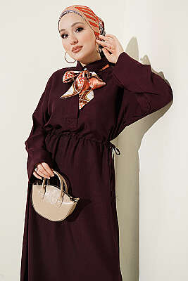 Beli Tünelli Bağlamalı Fularlı Elbise Mürdüm - Elbise