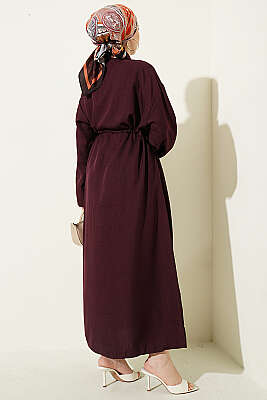 Beli Tünelli Bağlamalı Fularlı Elbise Mürdüm - Elbise