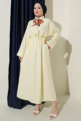 Beli Tünelli Bağlamalı Fularlı Elbise Sarı - HATUN