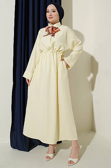 Beli Tünelli Bağlamalı Fularlı Elbise Sarı - Elbise