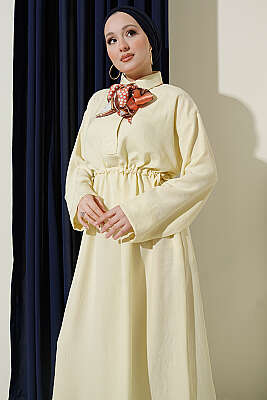 Beli Tünelli Bağlamalı Fularlı Elbise Sarı - Elbise