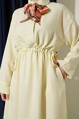 Beli Tünelli Bağlamalı Fularlı Elbise Sarı - Elbise