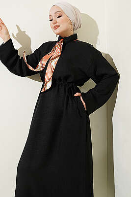 Beli Tünelli Bağlamalı Fularlı Elbise Siyah - HATUN