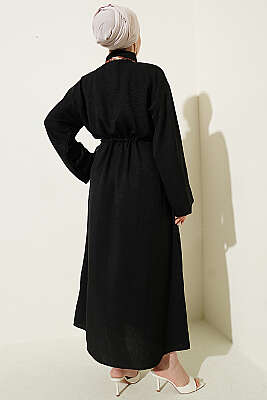 Beli Tünelli Bağlamalı Fularlı Elbise Siyah - Elbise