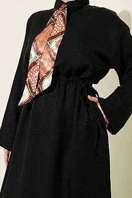 Beli Tünelli Bağlamalı Fularlı Elbise Siyah - Elbise