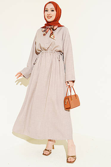 Beli Tünelli Bağlamalı Fularlı Elbise Vizon - Elbise