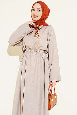 Beli Tünelli Bağlamalı Fularlı Elbise Vizon - Elbise