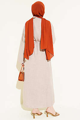 Beli Tünelli Bağlamalı Fularlı Elbise Vizon - Elbise