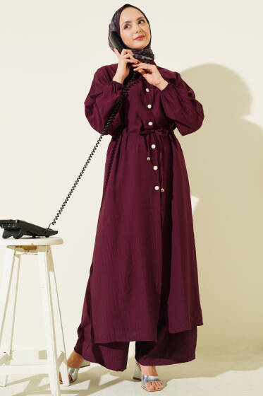 Beli Tünelli Düğmeli Uzun Tunikli İkili Takım Burgonya - İkili Takım