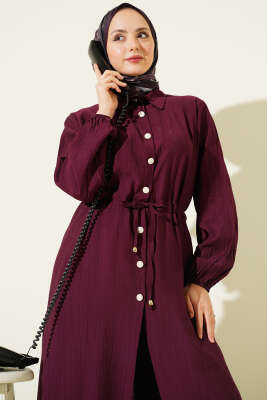 Beli Tünelli Düğmeli Uzun Tunikli İkili Takım Burgonya - İkili Takım