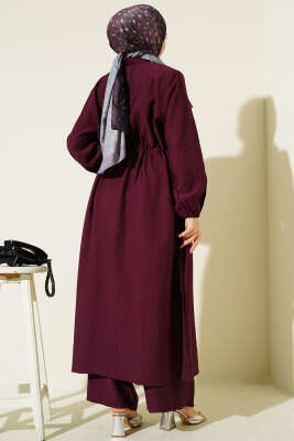 Beli Tünelli Düğmeli Uzun Tunikli İkili Takım Burgonya - İkili Takım