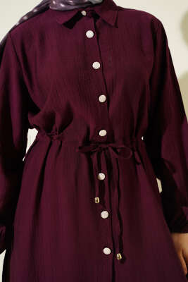 Beli Tünelli Düğmeli Uzun Tunikli İkili Takım Burgonya - İkili Takım