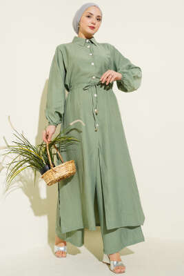 Beli Tünelli Düğmeli Uzun Tunikli İkili Takım Çağla Yeşili - HBS