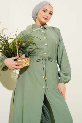 Beli Tünelli Düğmeli Uzun Tunikli İkili Takım Çağla Yeşili - İkili Takım