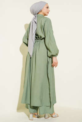 Beli Tünelli Düğmeli Uzun Tunikli İkili Takım Çağla Yeşili - İkili Takım