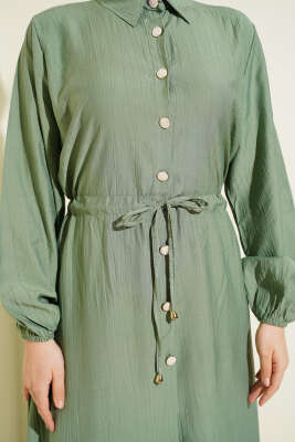 Beli Tünelli Düğmeli Uzun Tunikli İkili Takım Çağla Yeşili - İkili Takım