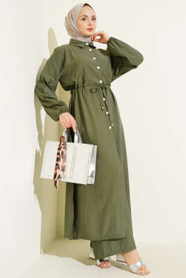 Beli Tünelli Düğmeli Uzun Tunikli İkili Takım Haki - HBS