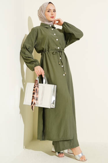 Beli Tünelli Düğmeli Uzun Tunikli İkili Takım Haki - İkili Takım