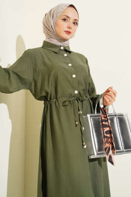 Beli Tünelli Düğmeli Uzun Tunikli İkili Takım Haki - İkili Takım