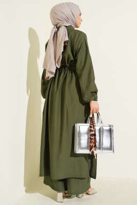 Beli Tünelli Düğmeli Uzun Tunikli İkili Takım Haki - İkili Takım