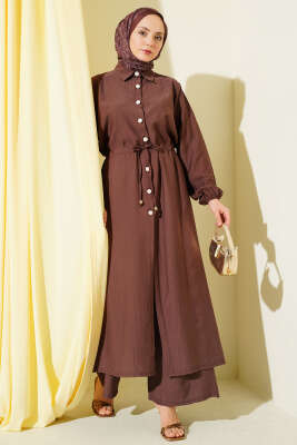 Beli Tünelli Düğmeli Uzun Tunikli İkili Takım Kahve - HBS