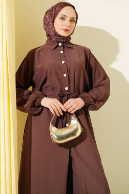 Beli Tünelli Düğmeli Uzun Tunikli İkili Takım Kahve - İkili Takım