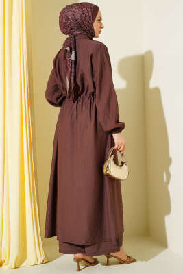 Beli Tünelli Düğmeli Uzun Tunikli İkili Takım Kahve - İkili Takım