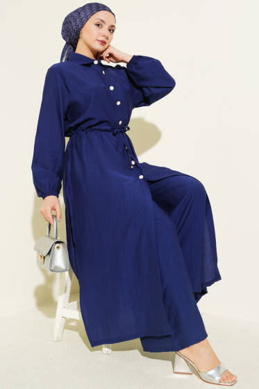 Beli Tünelli Düğmeli Uzun Tunikli İkili Takım Lacivert - İkili Takım