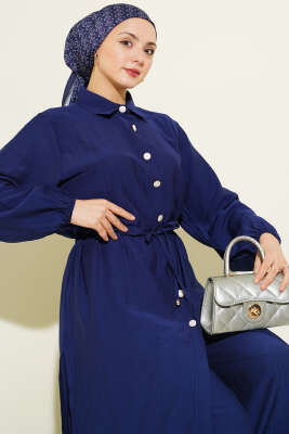 Beli Tünelli Düğmeli Uzun Tunikli İkili Takım Lacivert - İkili Takım