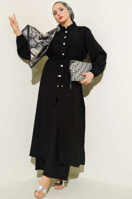 Beli Tünelli Düğmeli Uzun Tunikli İkili Takım Siyah - HBS