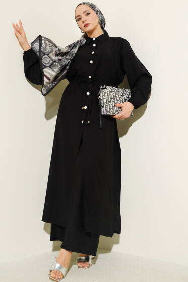 Beli Tünelli Düğmeli Uzun Tunikli İkili Takım Siyah - İkili Takım