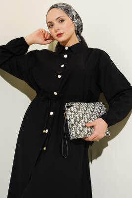 Beli Tünelli Düğmeli Uzun Tunikli İkili Takım Siyah - İkili Takım