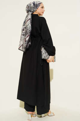 Beli Tünelli Düğmeli Uzun Tunikli İkili Takım Siyah - İkili Takım