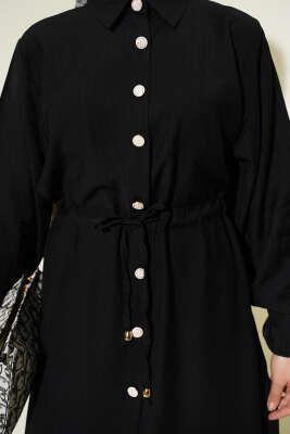 Beli Tünelli Düğmeli Uzun Tunikli İkili Takım Siyah - İkili Takım