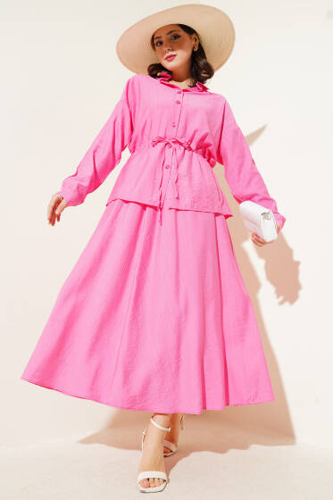 Beli Tünelli Etekli İkili Takım Fuşya - İkili Takım