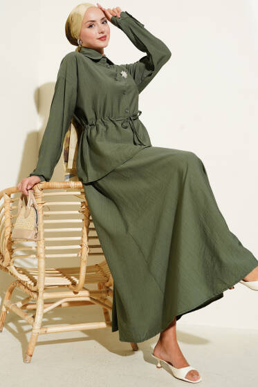 Beli Tünelli Etekli İkili Takım Haki - İkili Takım