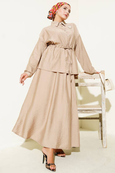 Beli Tünelli Etekli İkili Takım Latte - İkili Takım