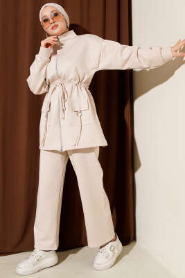 Beli Tünelli Fermuarlı Scuba İkili Takım Bej - NESSİA