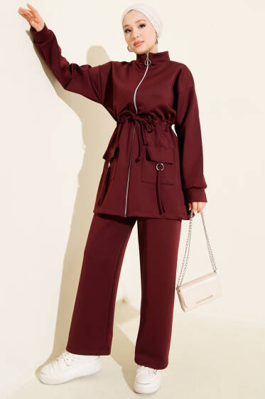 Beli Tünelli Fermuarlı Scuba İkili Takım Bordo - İkili Takım